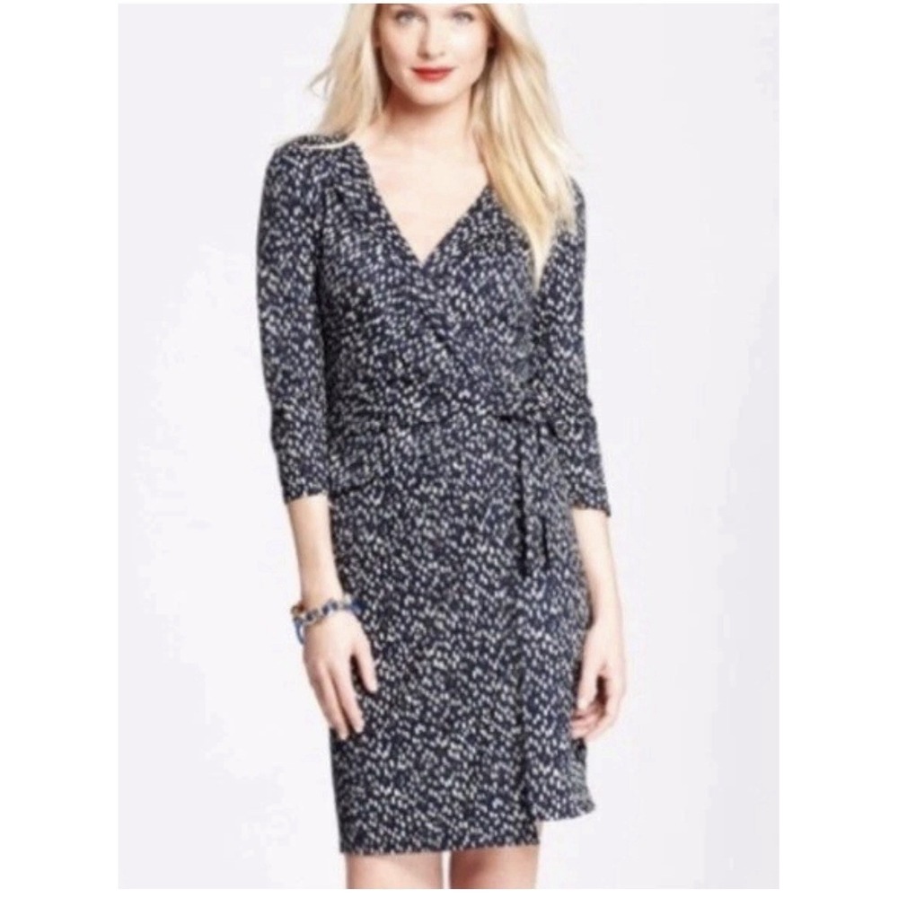 Dress Ann Taylor  Style Wrap 3/4 Sleeves  Size S Navy Blue And Brown